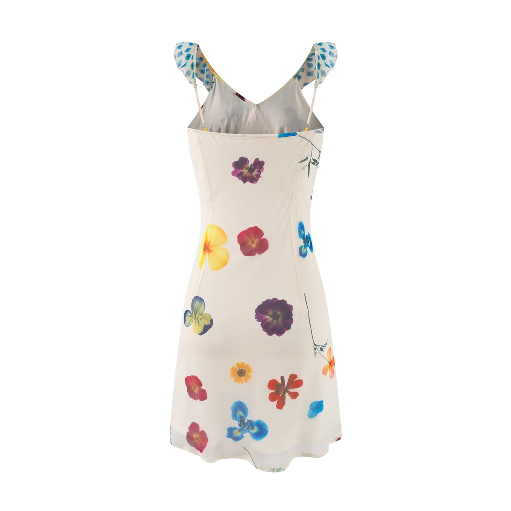 Women's V-Neck Floral Tie Ruffle Ruched Flutter-Sleeve Bodycon Mini Dress