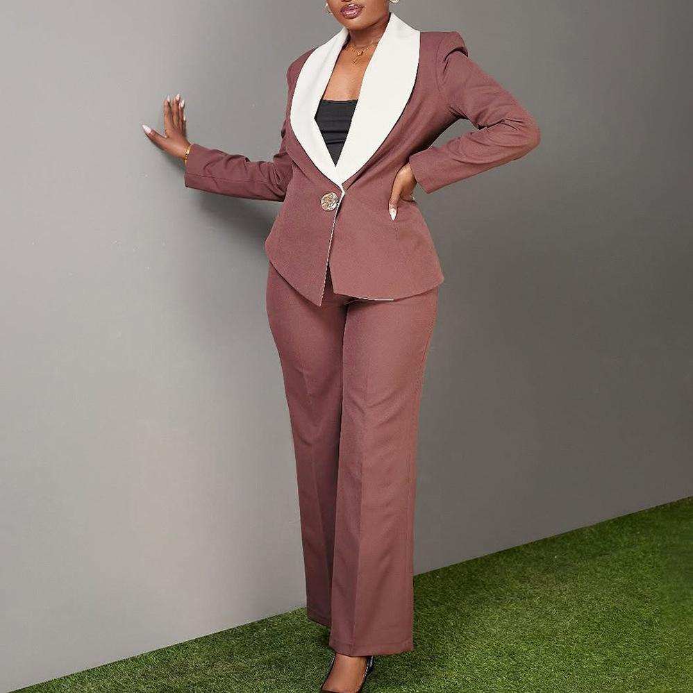Women's Elegant Office Contrast Color Large Collared Casual Two Piece