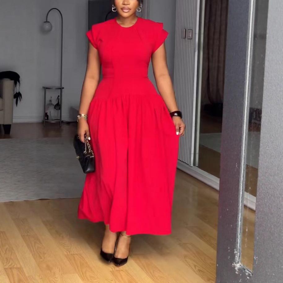 Ruched Short-Sleeve A-Line Maxi Dress