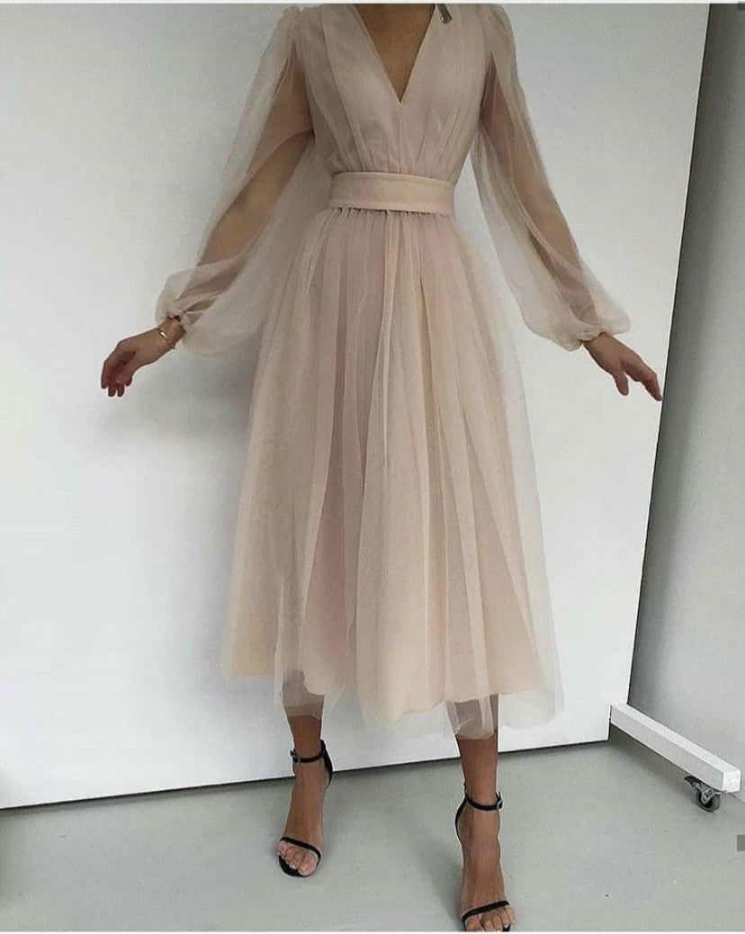 Women's Deep V Plunge Mesh Bubble Long Sleeve Slim Waist Dress