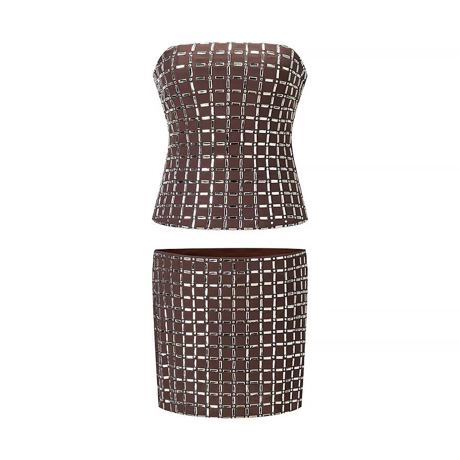 Women's Sequ Mesh Tube Short Top and Skirt Two-Piece Set