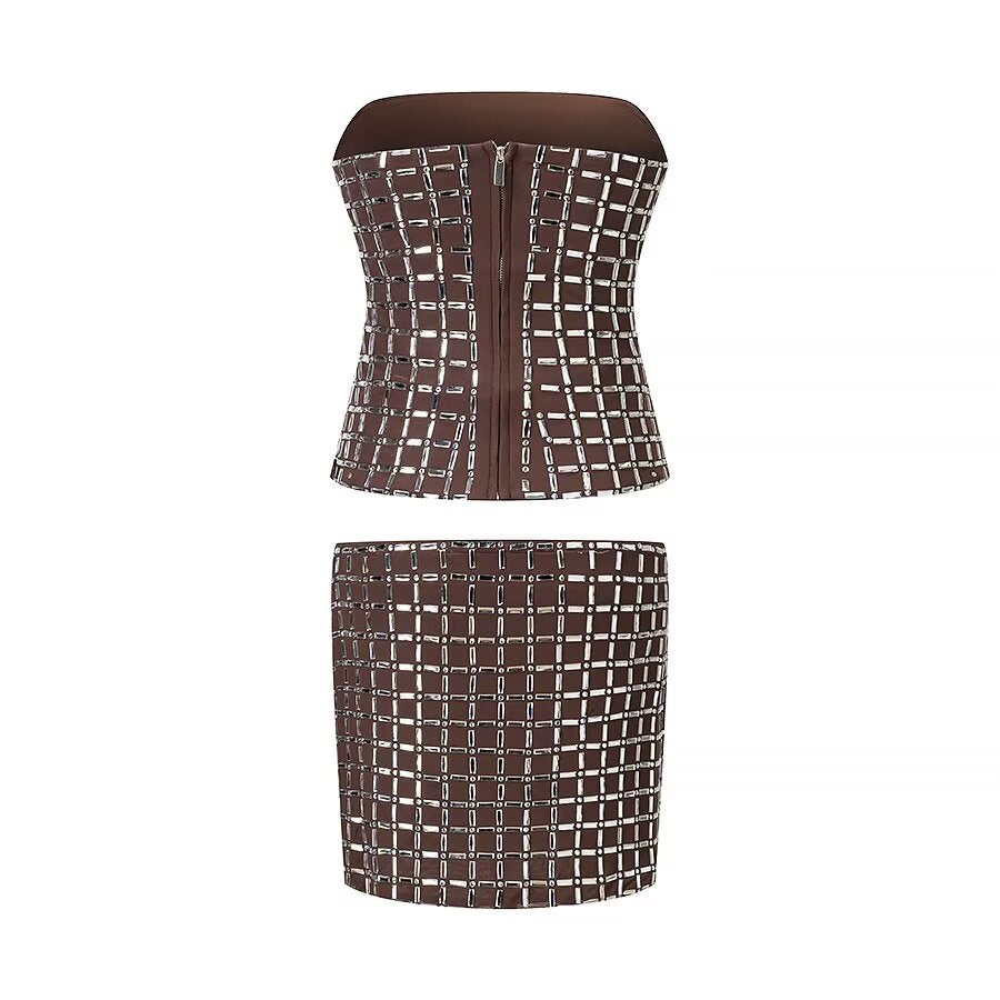 Women's Sequ Mesh Tube Short Top and Skirt Two-Piece Set