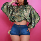 Camo Print Zip Front Cropped Jacket Top