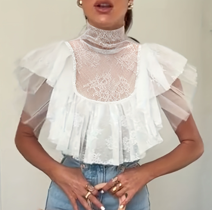 Women's Short Tops Turtleneck Lace Mesh Lace See Through Laminated Stitching Sexy T Shirt