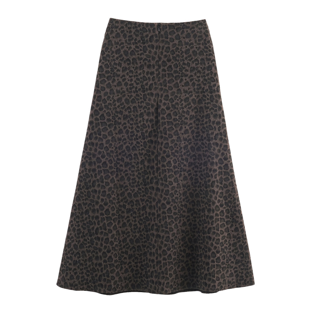 Autumn Leopard Pattern Flocking A Version Crisp Long Skirt
