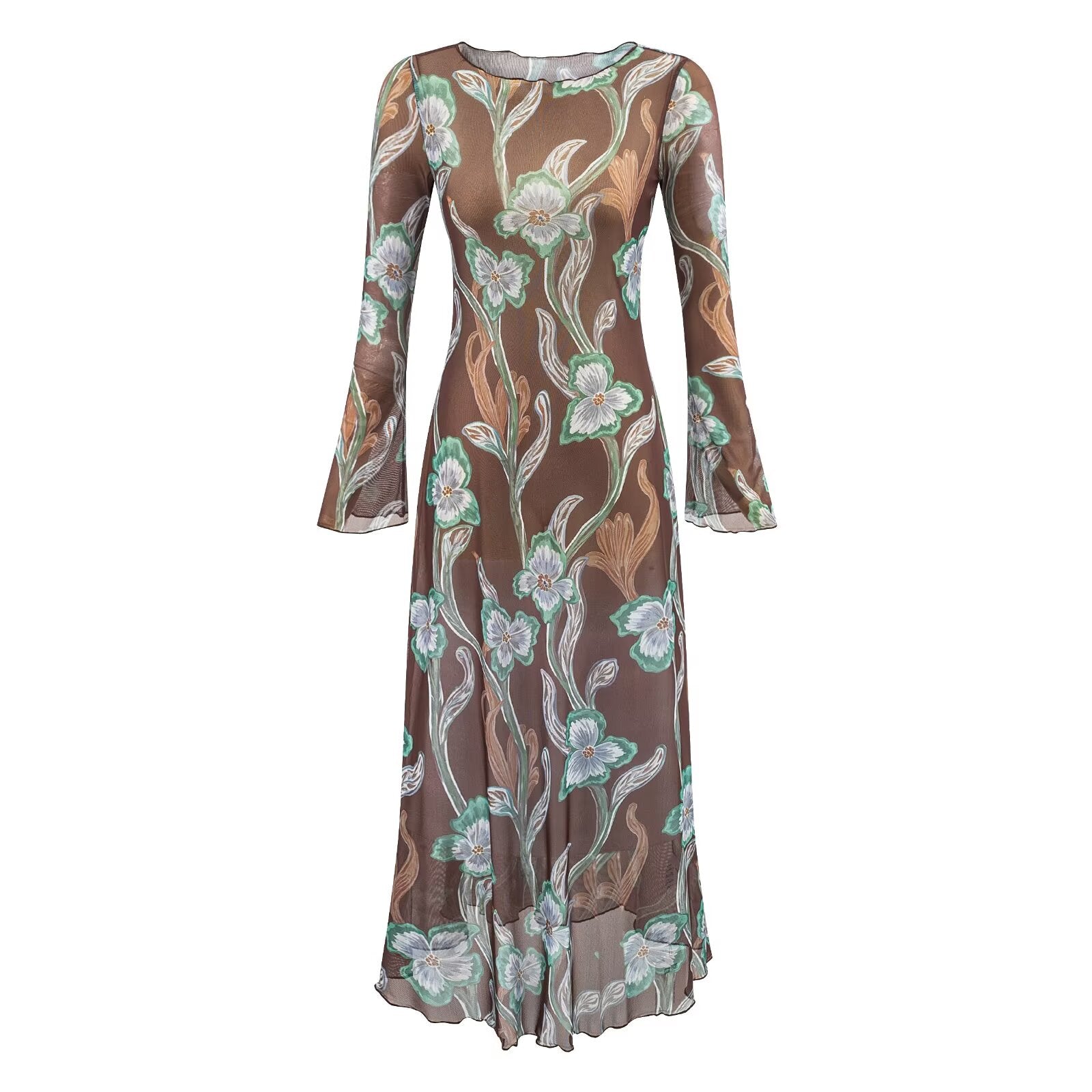 Floral Crew-Neck Trumpet-Sleeve A-Line Maxi Dress