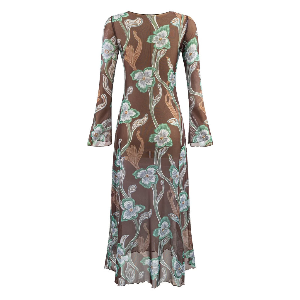Floral Crew-Neck Trumpet-Sleeve A-Line Maxi Dress