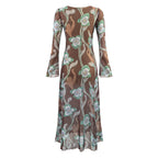 Floral Crew-Neck Trumpet-Sleeve A-Line Maxi Dress