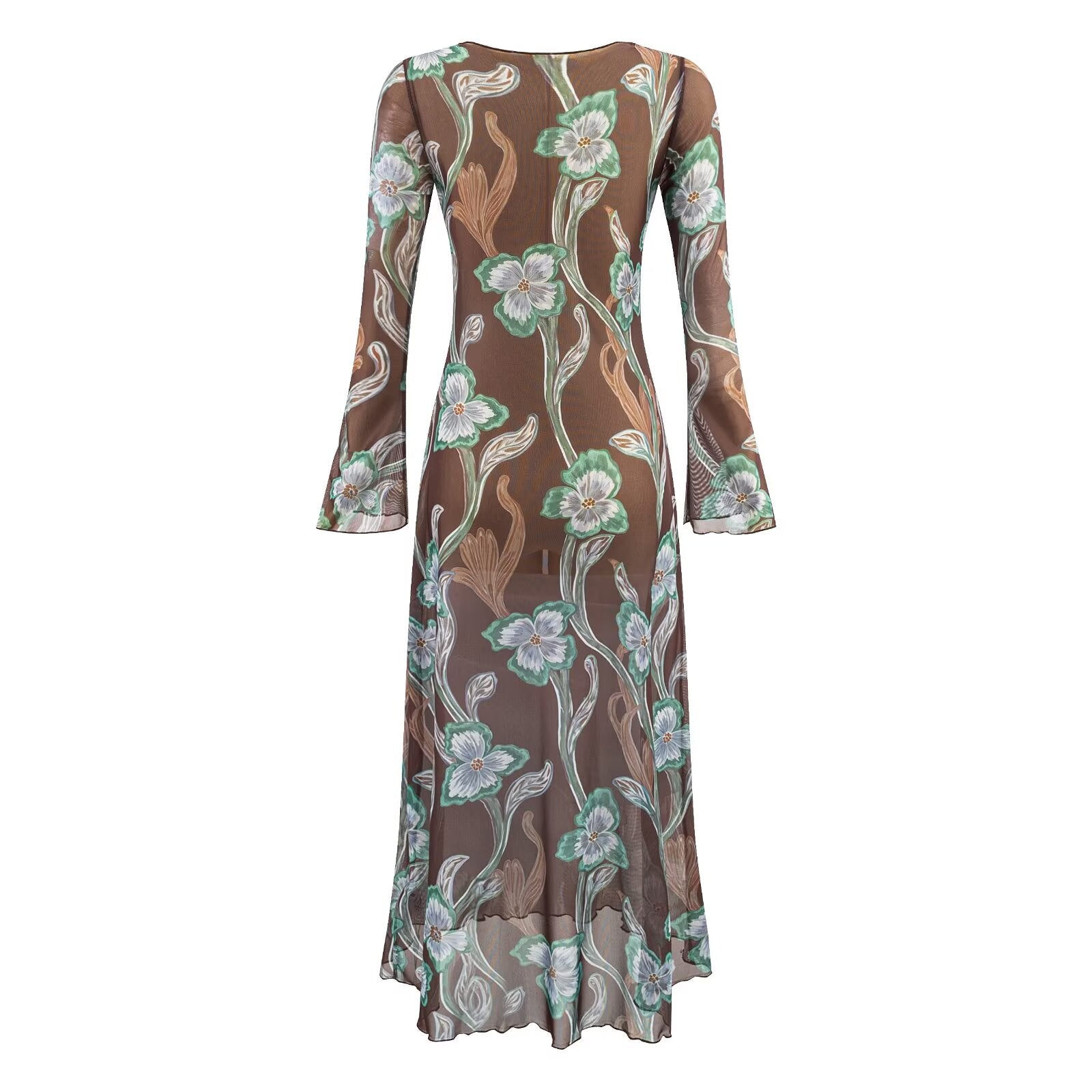 Floral Crew-Neck Trumpet-Sleeve A-Line Maxi Dress