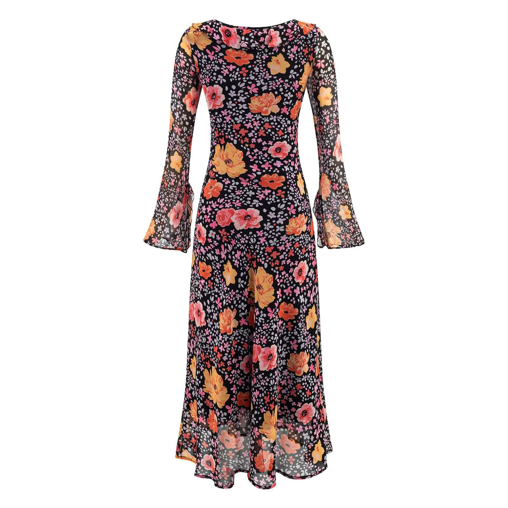 Women's Floral Long Sleeve Ruffled Slit Maxi Dress