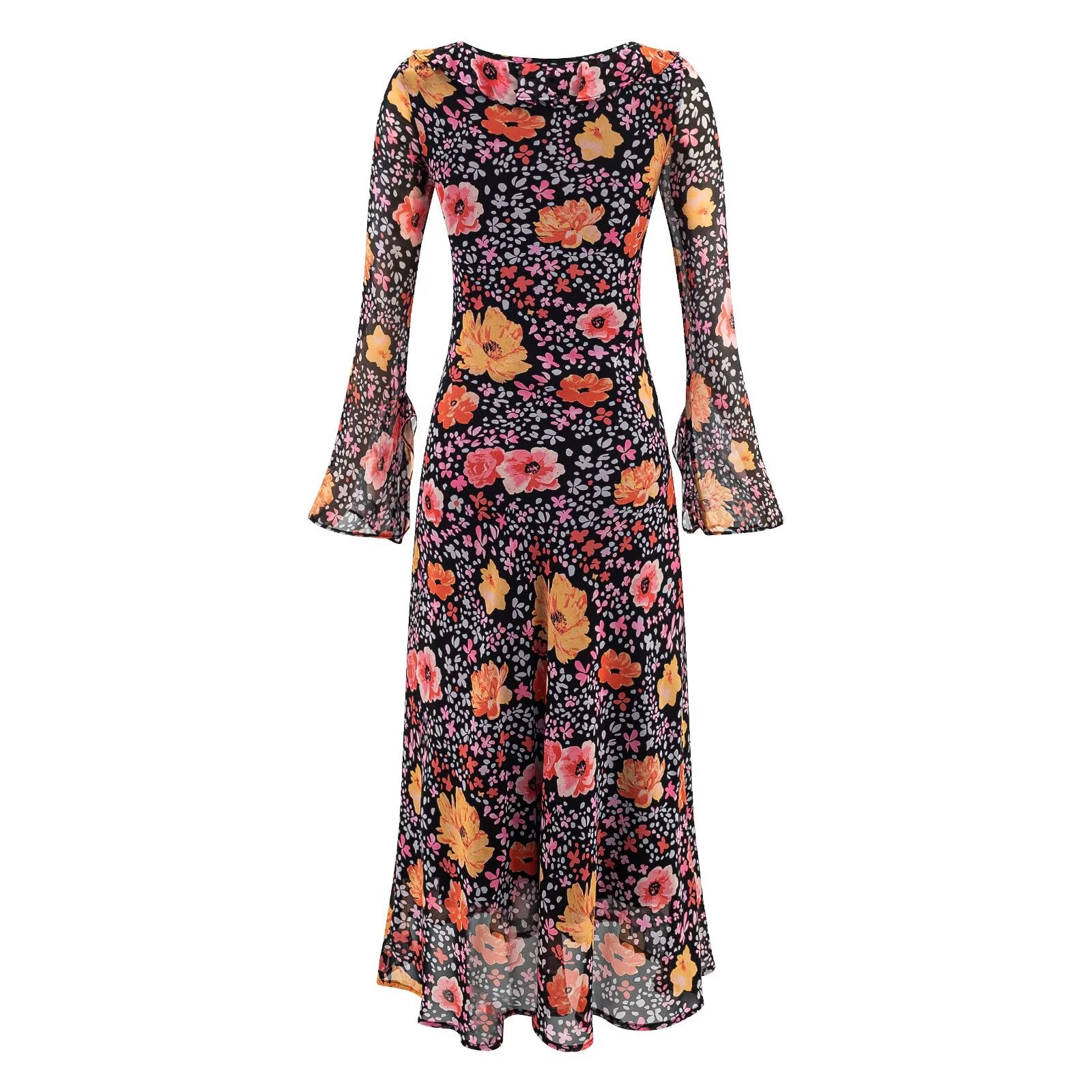Women's Floral Long Sleeve Ruffled Slit Maxi Dress