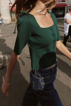 Women's Winter Square Collar Shoulder Bow Slim-Fit Short Sweater