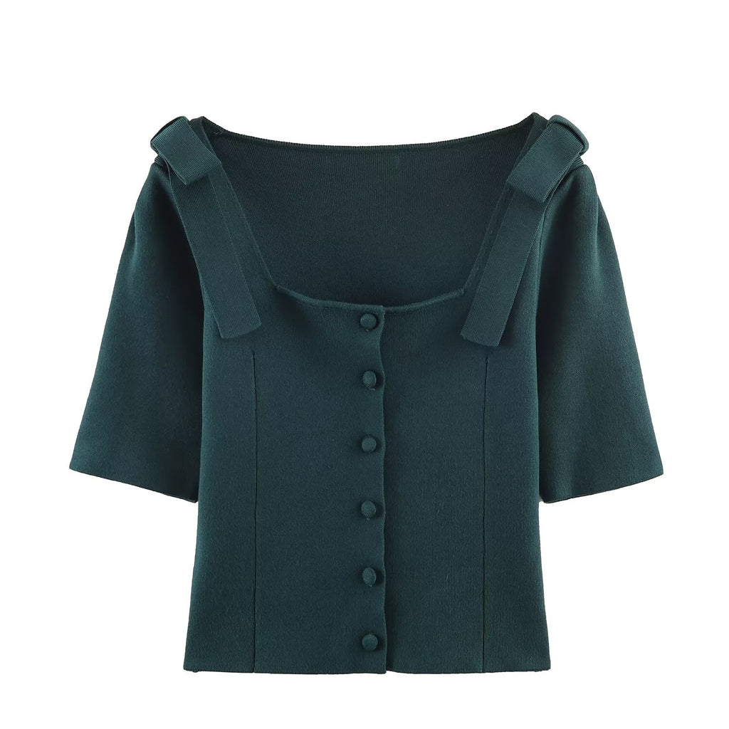 Women's Winter Square Collar Shoulder Bow Slim-Fit Short Sweater