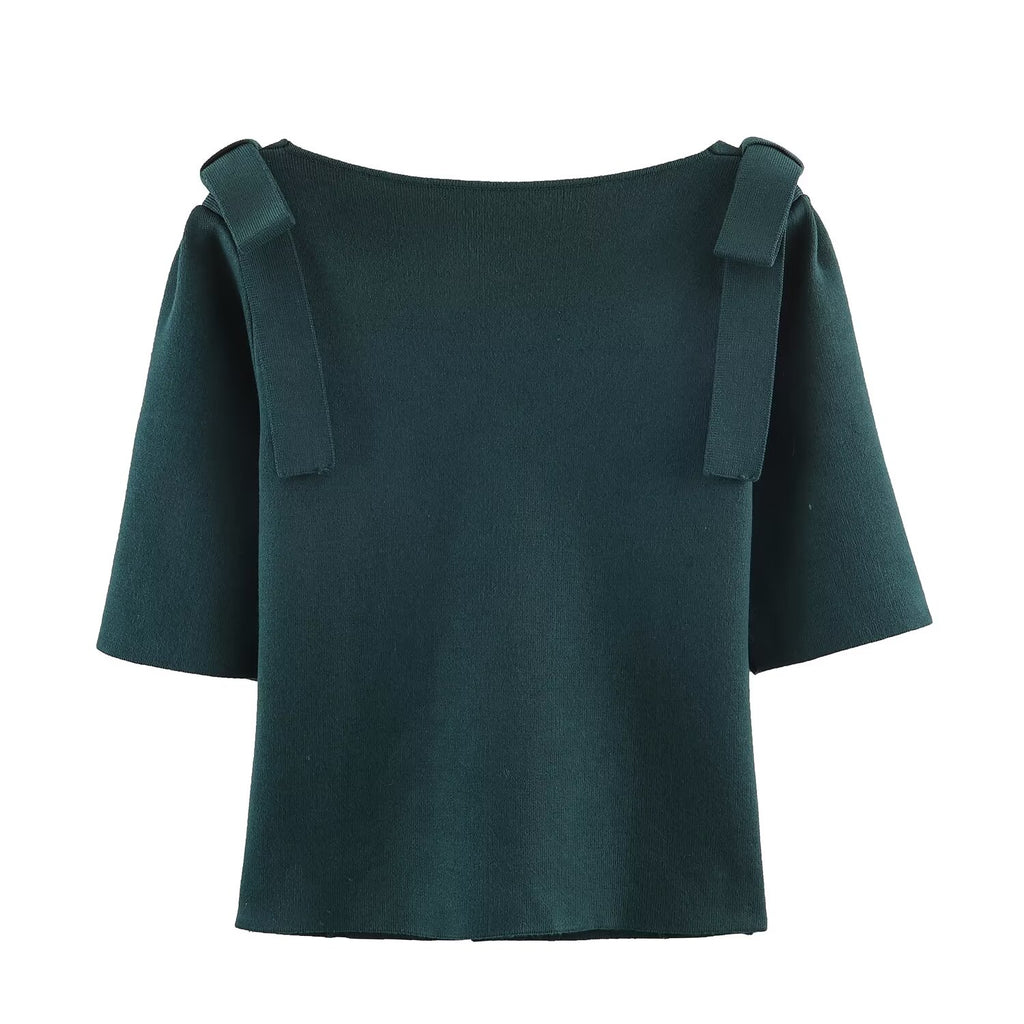 Women's Winter Square Collar Shoulder Bow Slim-Fit Short Sweater