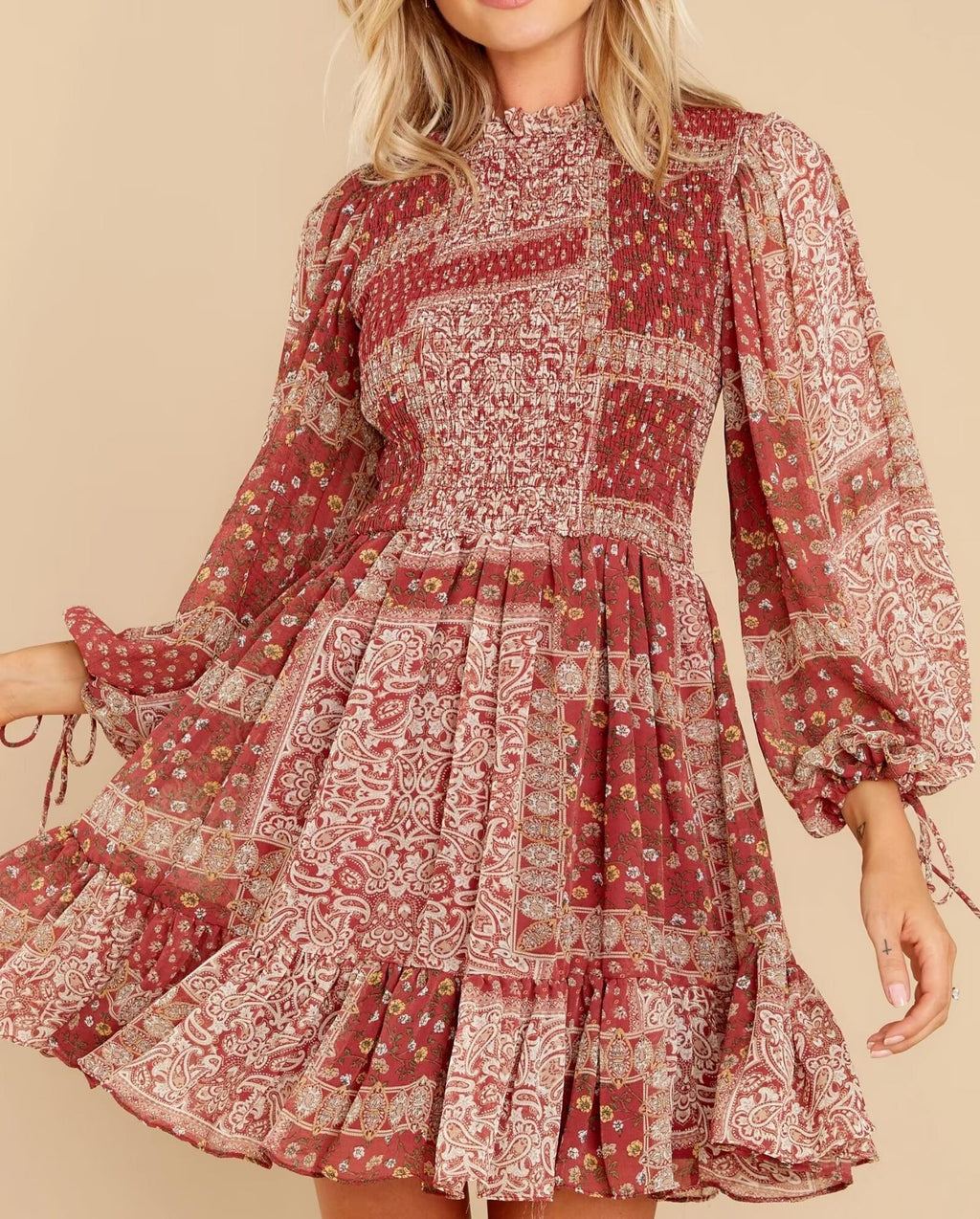 Printed Bow-Tie Cuff Dress