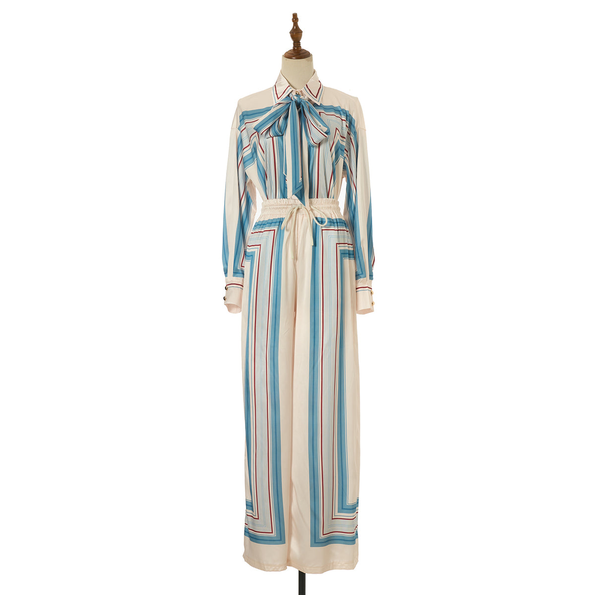Vacation Silk Loose Fit Collar Neck Tie Pants Two-Piece Set