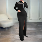 Rhinestone Long Sleeve Slit Bodycon Maxi Dress