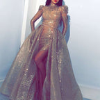 Women Clothing Independent Stand with Gold Big Swing Sexy Dress Slit Cocktail Evening Dress