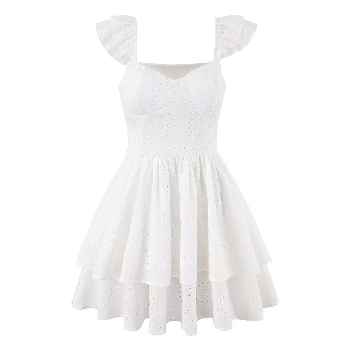 High-Waist Ruffle-Sleeve Short Dress