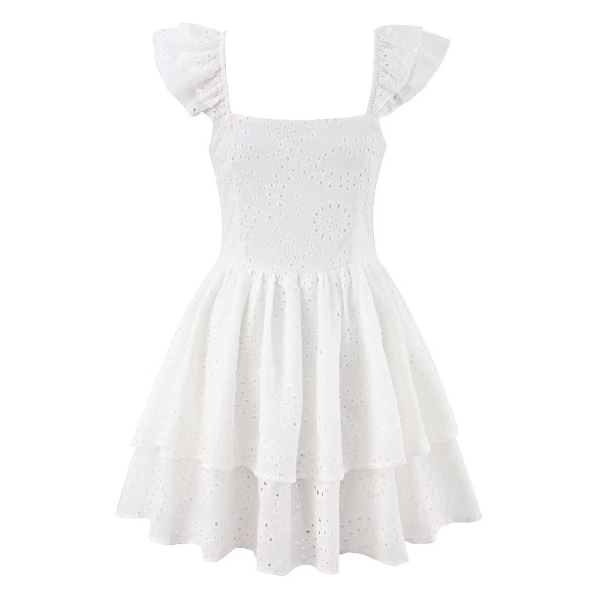High-Waist Ruffle-Sleeve Short Dress