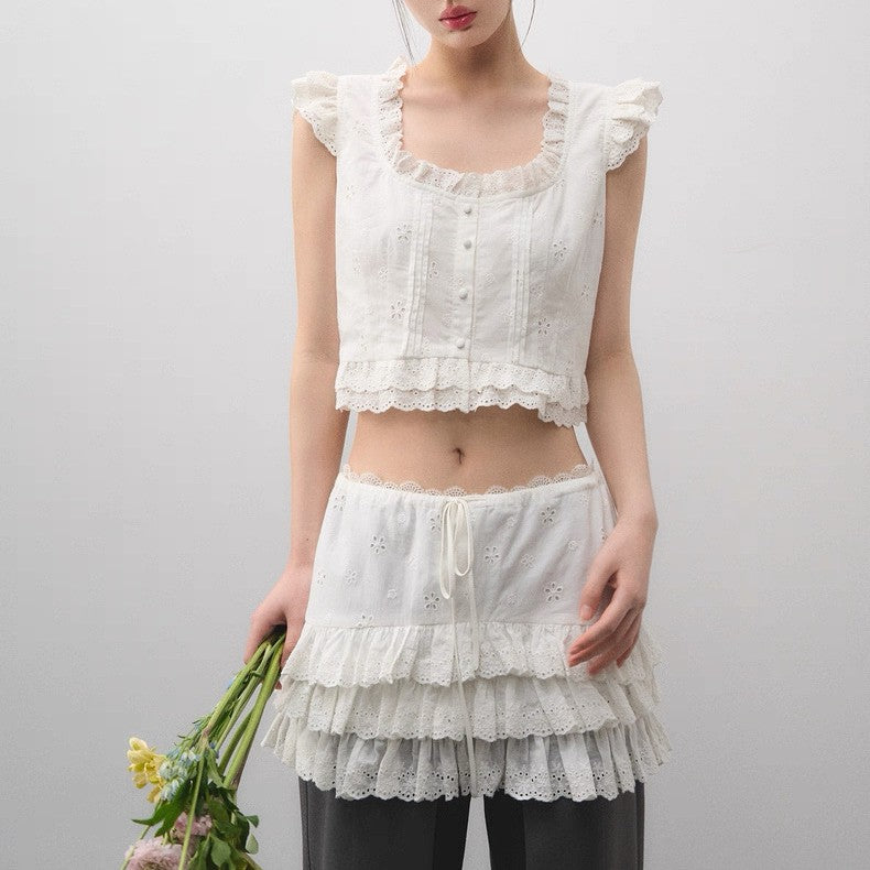 Women's Hollow Out Cutout Embroidery Lace Stitching Flying Sleeves Sm