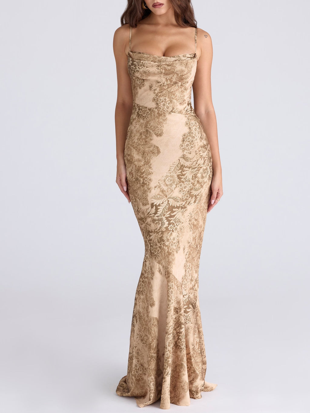 Women's European Golden Printing Satin Maxi Fishtail Dress