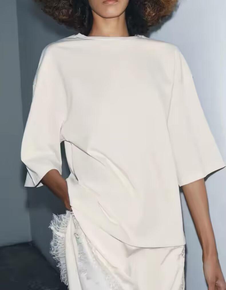 Women's Women Clothing Straight Round Neck Stitching Short Sleeve Lace T Shirt