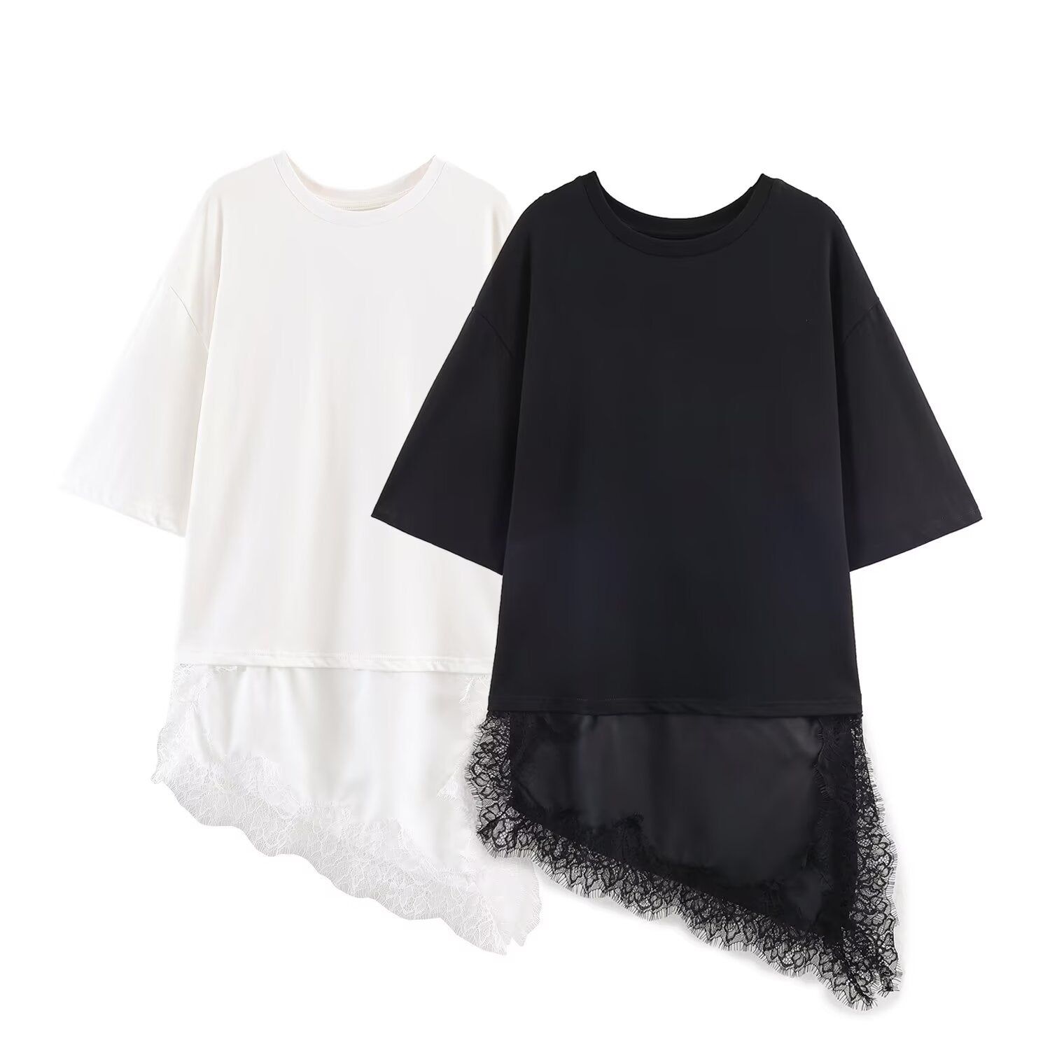 Women's Women Clothing Straight Round Neck Stitching Short Sleeve Lace T Shirt