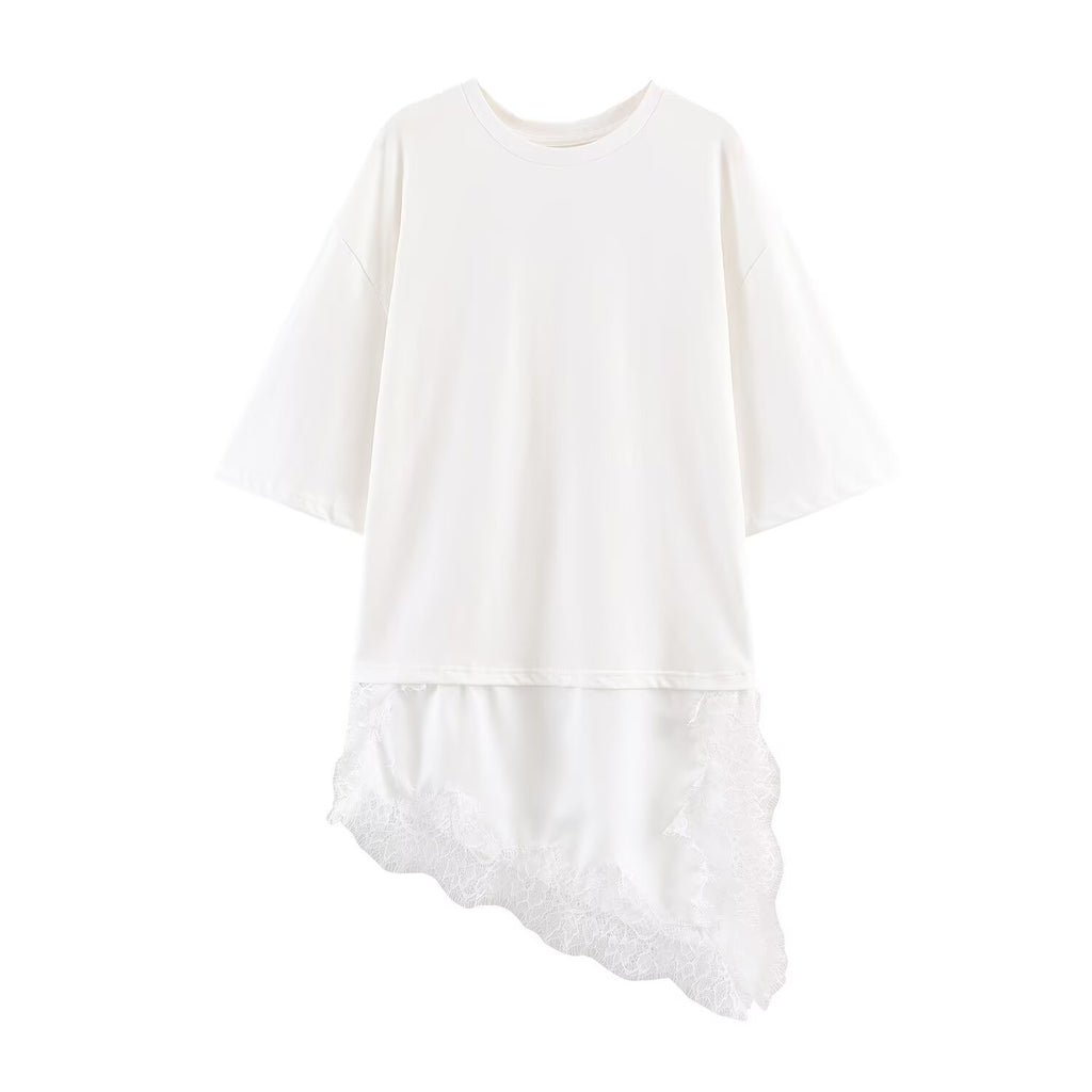 Women's Women Clothing Straight Round Neck Stitching Short Sleeve Lace T Shirt