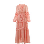Women Vacation Style Floral Lace Ruffled V Neck Multi Layered Pearl Ruffled Frilly Long Dress With Wide Dress In Solid Color