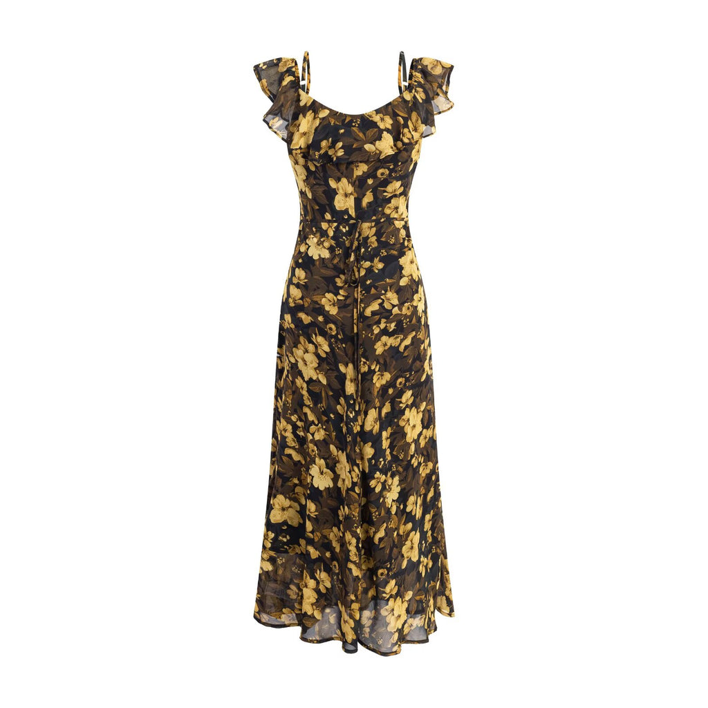 Women's Crew-Neck Floral Ruffle Asymmetric Tie Sleeveless Bodycon Maxi Dress