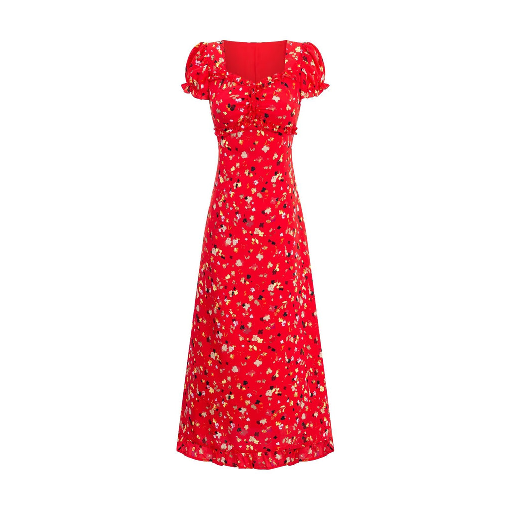 Women's Red Floral Square-Neck Puff-Sleeve Maxi Dress