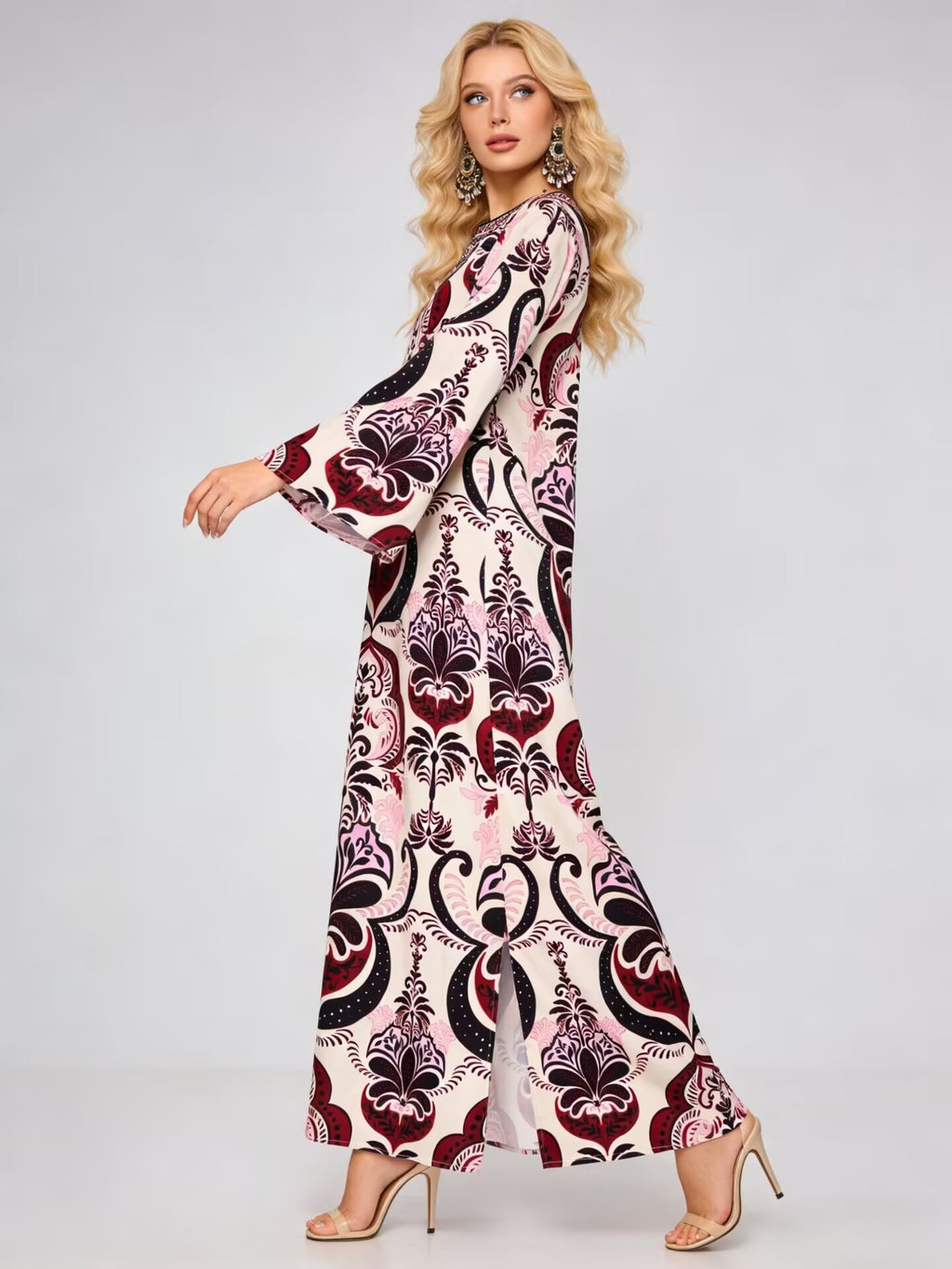 Women's Printed Round-Neck Slit Dress