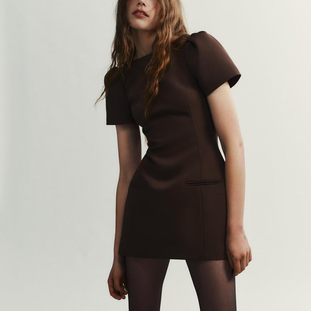 Crew-Neck Pocket Short-Sleeve A-Line Mini Dress