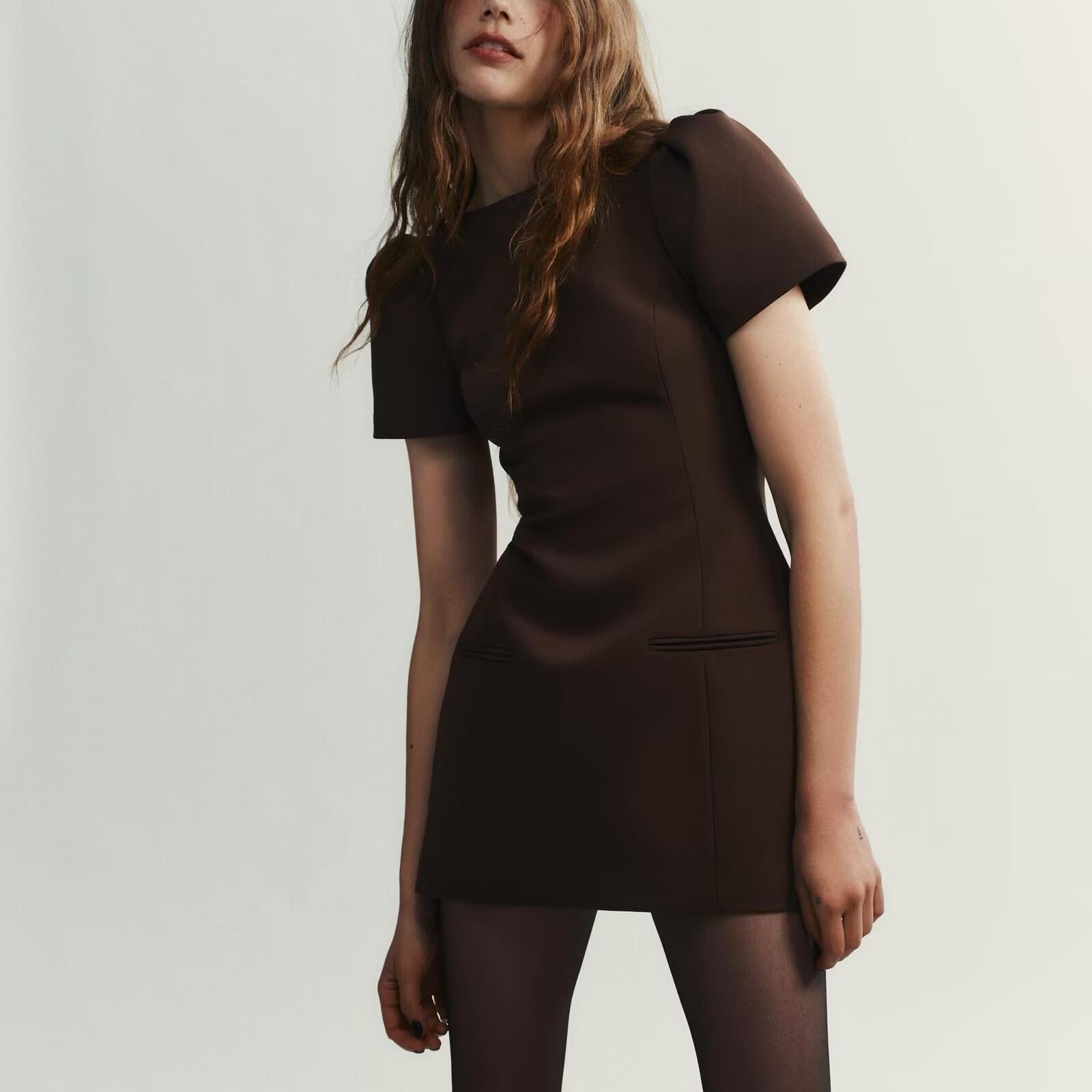 Crew-Neck Pocket Short-Sleeve A-Line Mini Dress