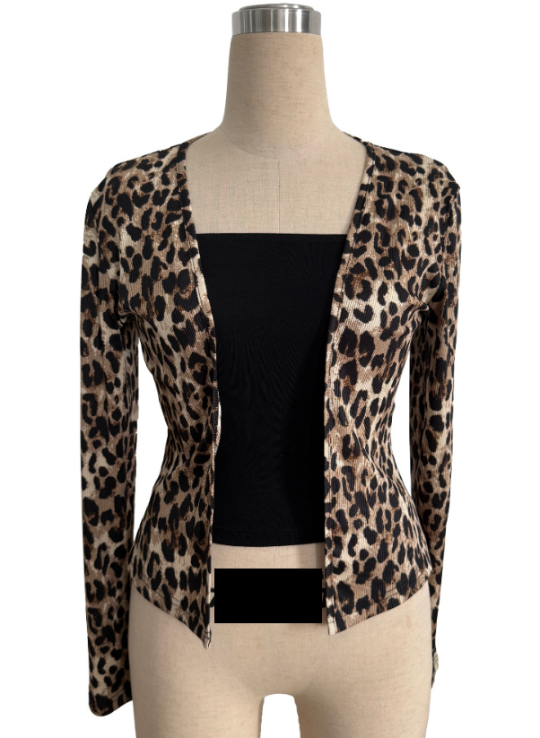 Leopard Contrast Faux Two-Piece Cardigan Top