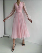 Women's Deep V Plunge Mesh Bubble Long Sleeve Slim Waist Dress