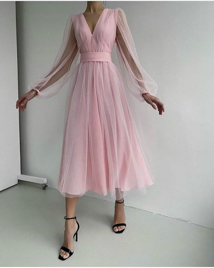 Women's Deep V Plunge Mesh Bubble Long Sleeve Slim Waist Dress