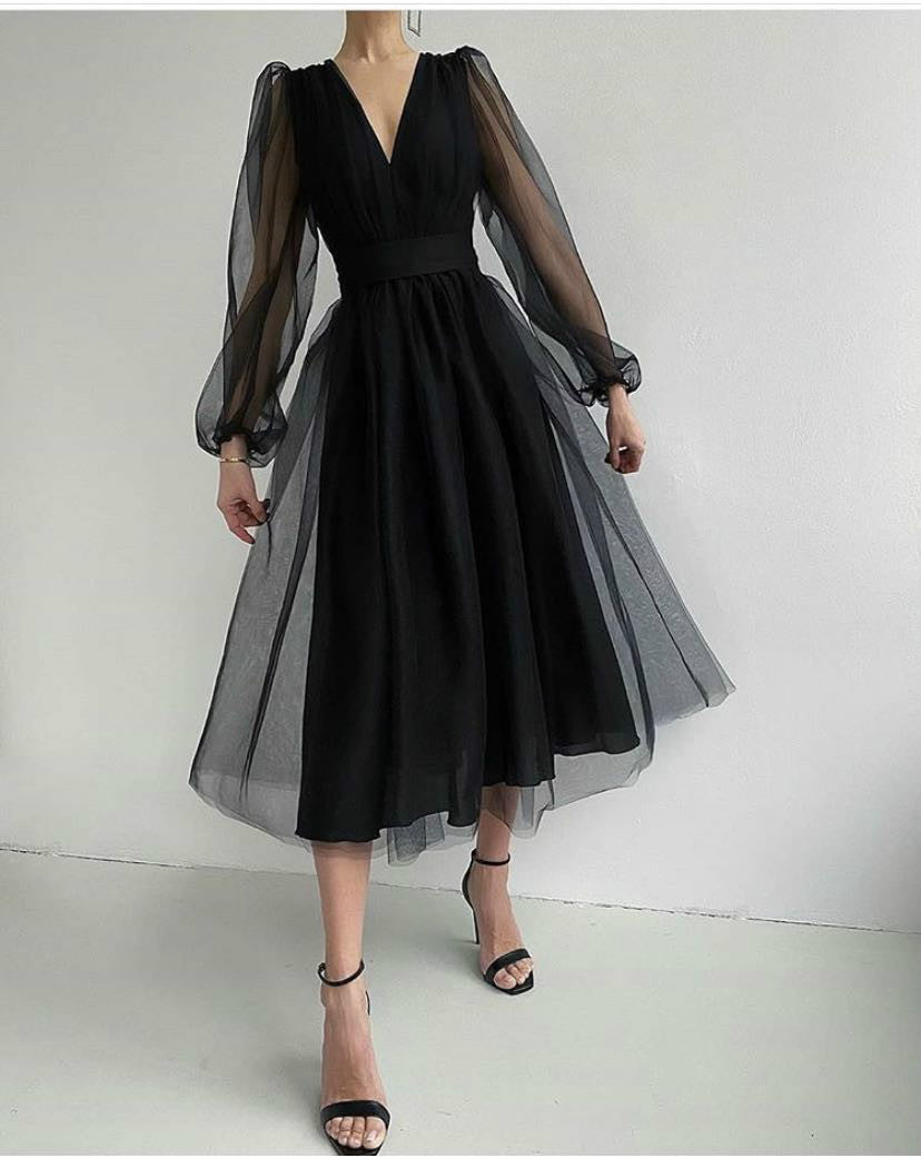 Women's Deep V Plunge Mesh Bubble Long Sleeve Slim Waist Dress