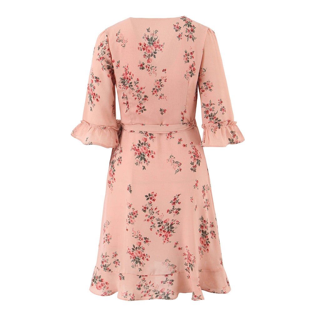 Women's French Floral V-Neck Ruffle Dress