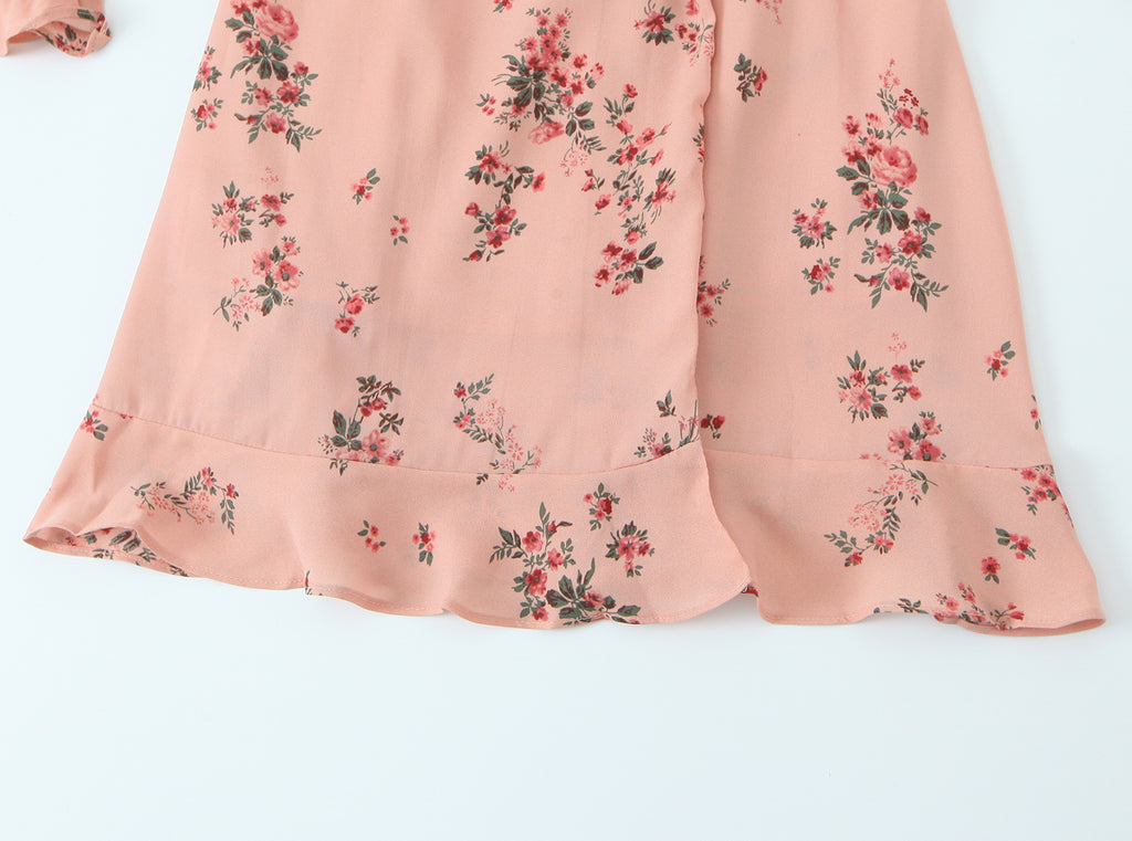 Women's French Floral V-Neck Ruffle Dress