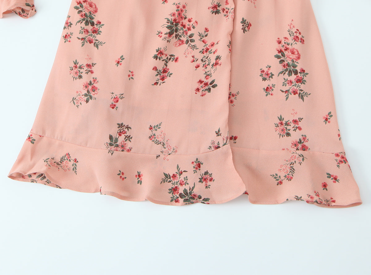 Women's French Floral V-Neck Ruffle Dress