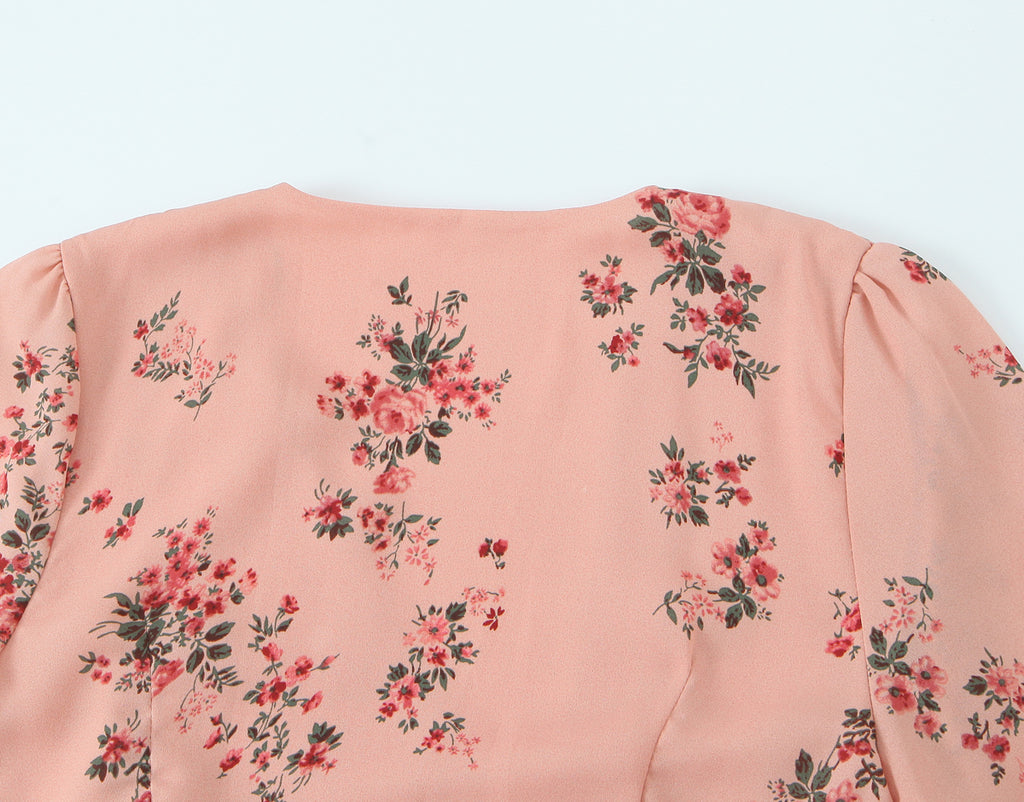 Women's French Floral V-Neck Ruffle Dress