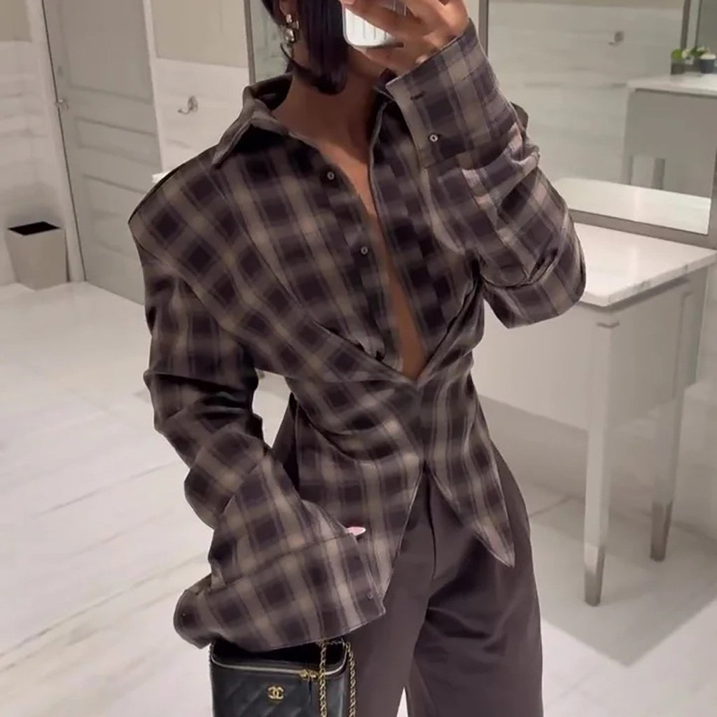 Women's Winter Women Clothing Personalized Waist Design Retro Plaid Shirt