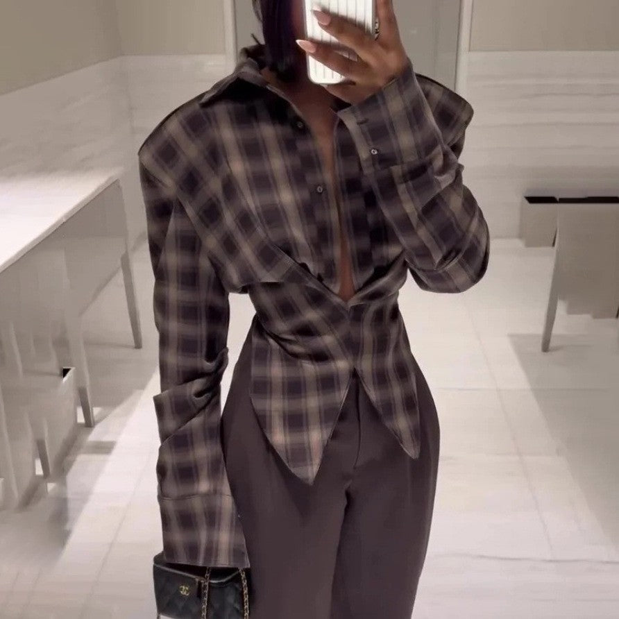 Women's Winter Women Clothing Personalized Waist Design Retro Plaid Shirt