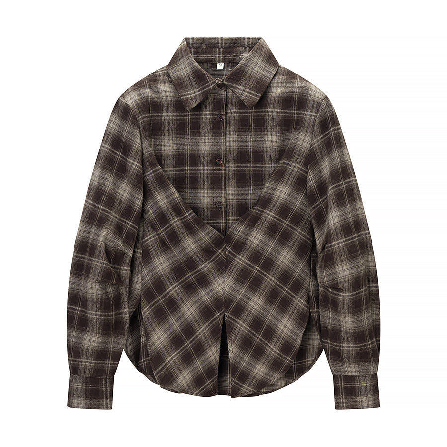 Women's Winter Women Clothing Personalized Waist Design Retro Plaid Shirt