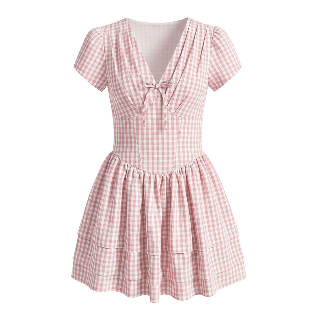 Women's Pink Plaid Bow Detail A Line Dress