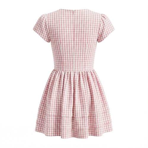 Women Clothing Spring Sweet Youthful Short Slim Plaid Waist Tight A line Dress