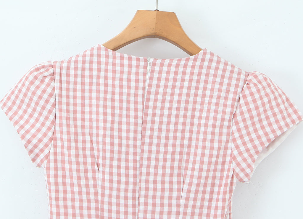 Women's Pink Plaid Bow Detail A Line Dress