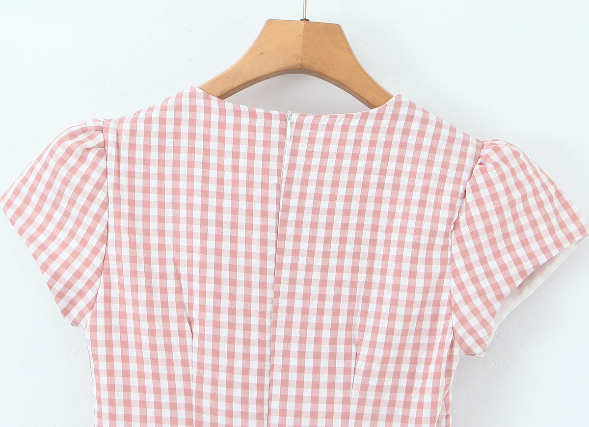 Women's Pink Plaid Bow Detail A Line Dress